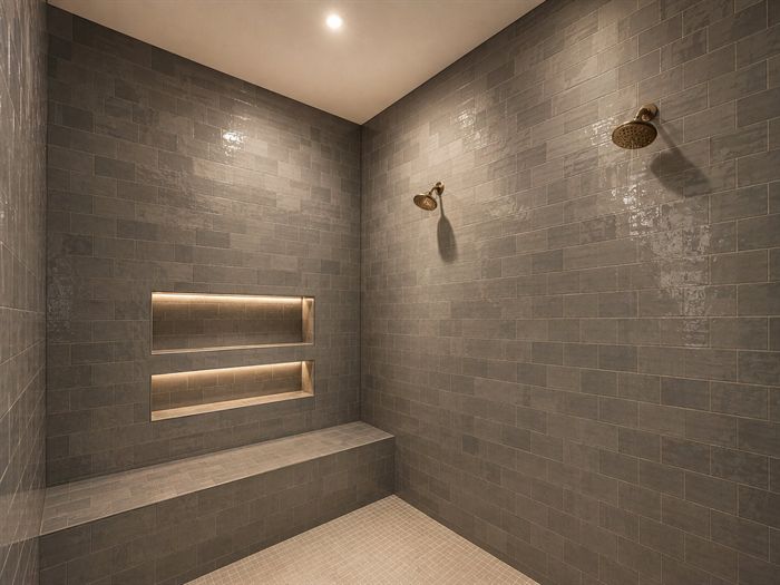 114 Kinley Loop — Shower detail with recessed niche and brass fixtures