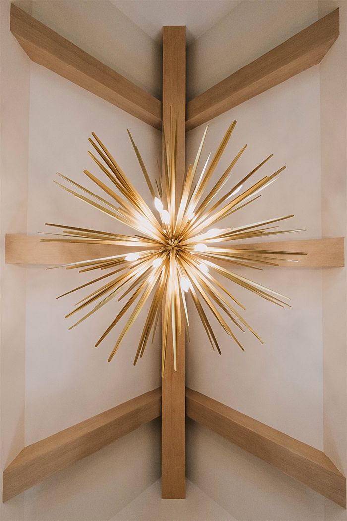 115 Bear Den Court &mdash; Starburst chandelier against timber trusses