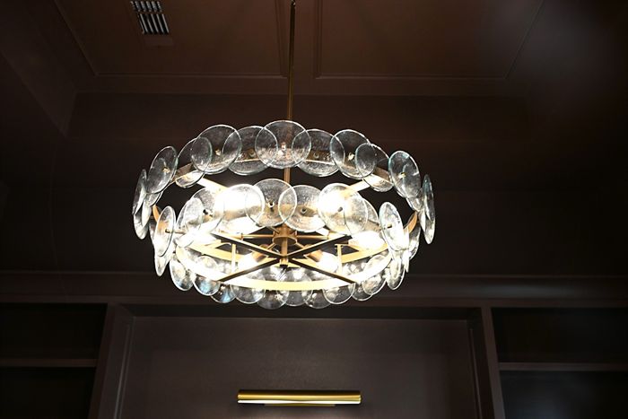 217 Abington Circle &mdash; Crystal flush mount against the coffered ceiling